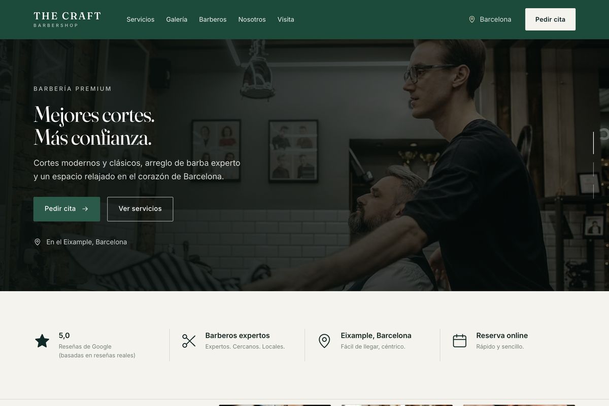 Preview de la web demo para barbería: cita online, servicios con precio y galería