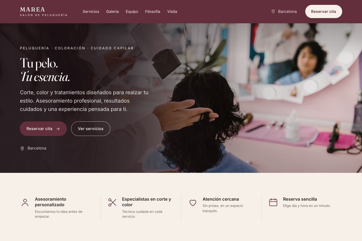 Preview de la web de MAREA Salón: peluquería y coloración en Barcelona